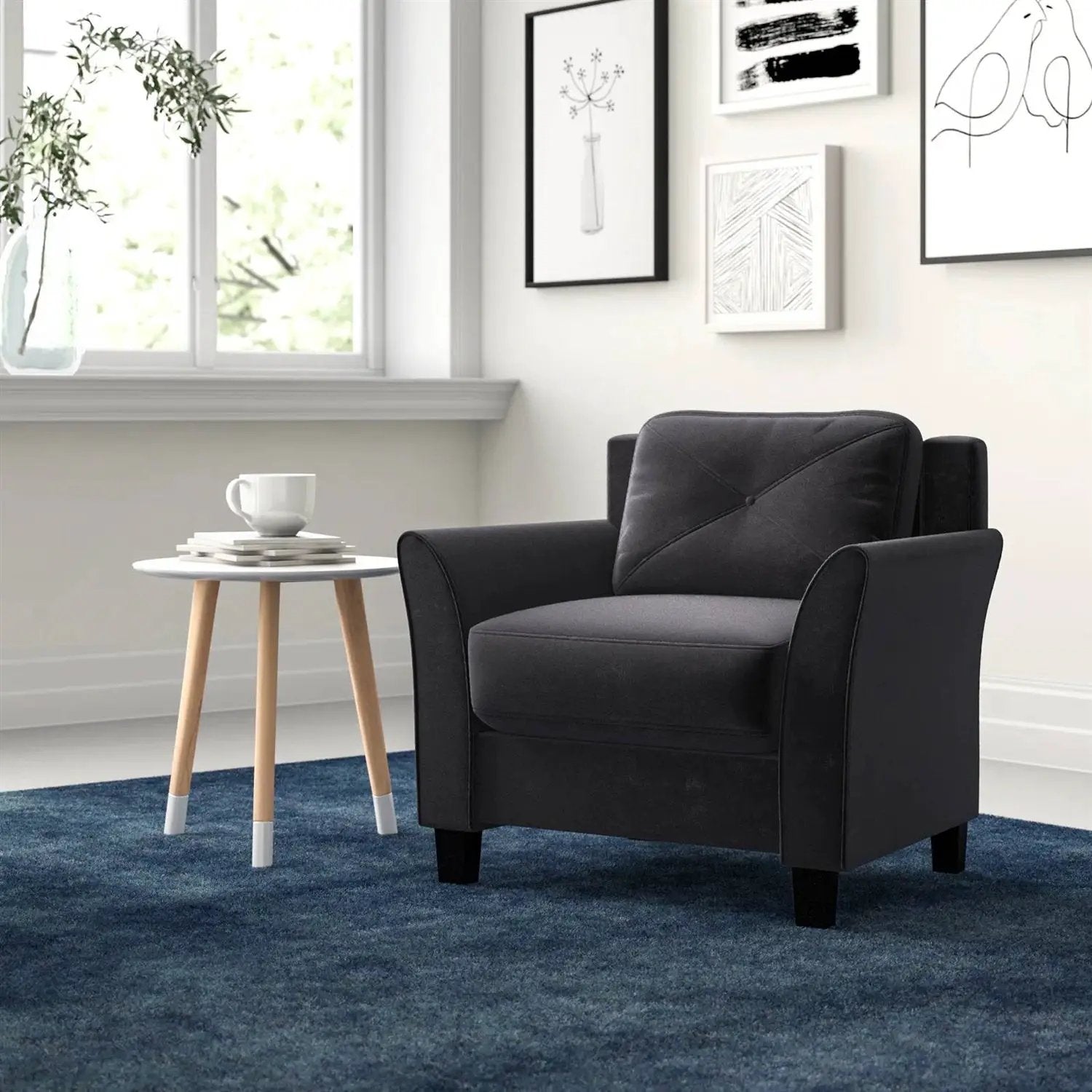 Black Microfiber Upholstered Armchair Flared Arm Chair with Tufted Back Cushion by HomePacific