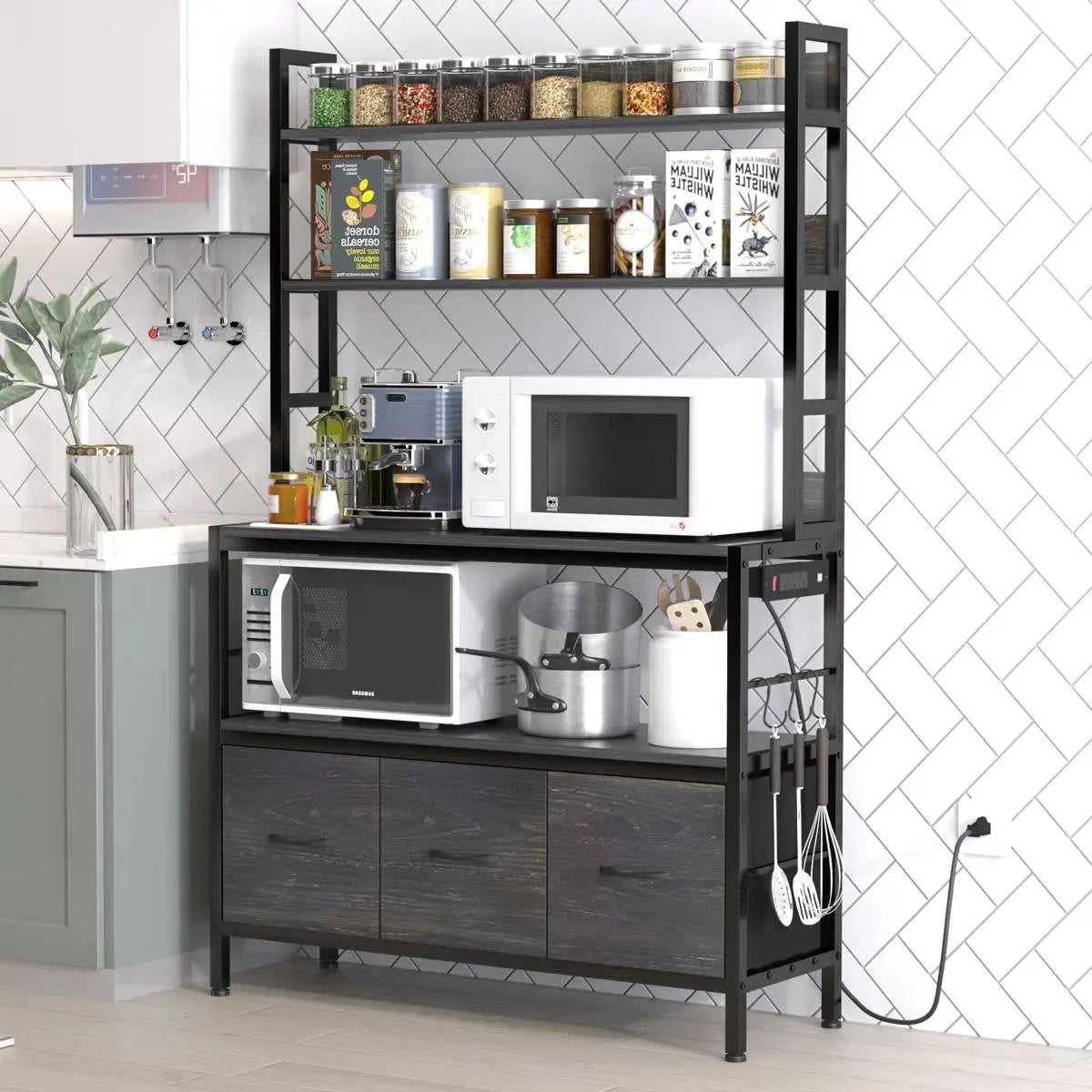 Black Metal Kitchen Baker's Rack 4-Shelves with Bottom Storage Cabinets by HomePacific