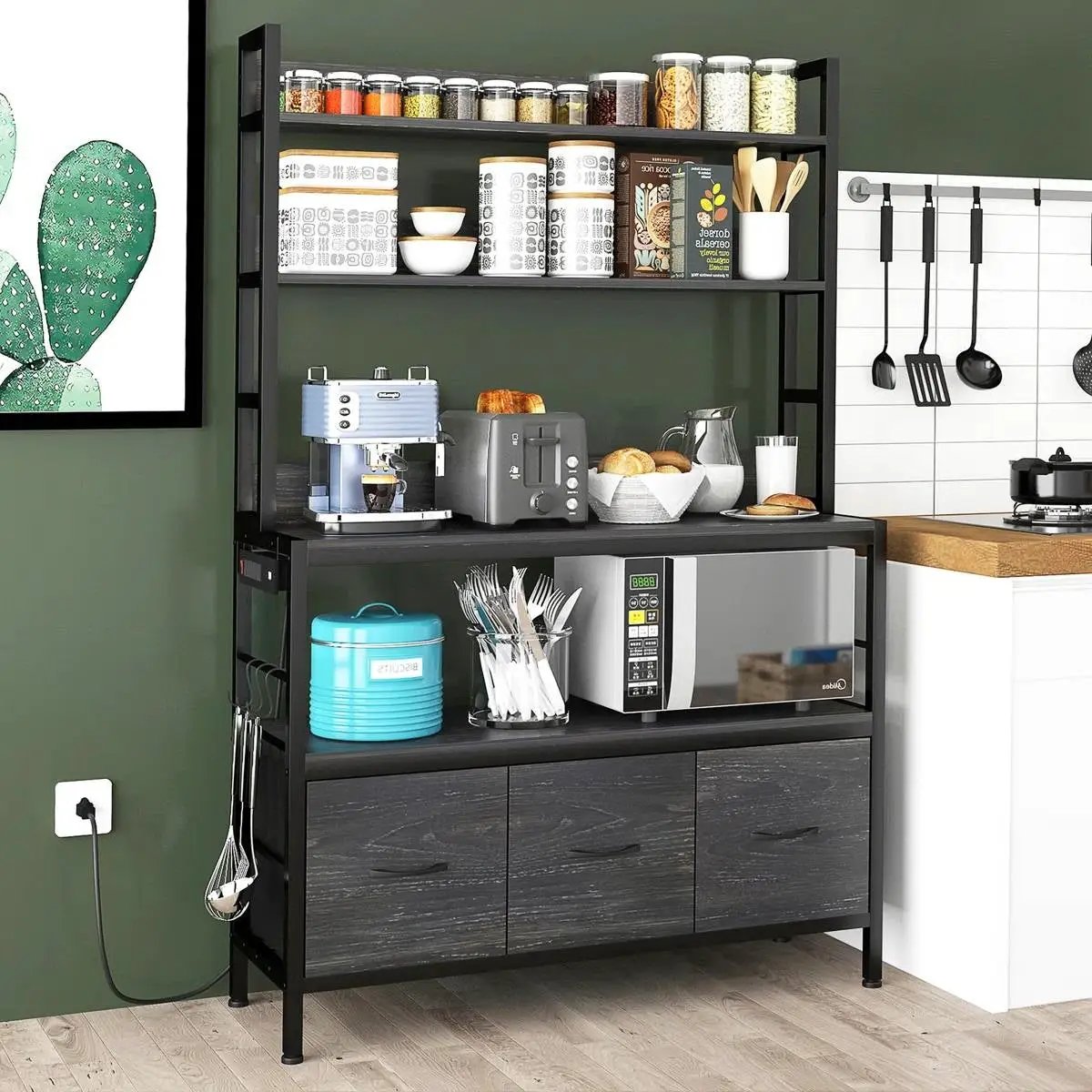 Black Metal Kitchen Baker's Rack 4-Shelves with Bottom Storage Cabinets by HomePacific
