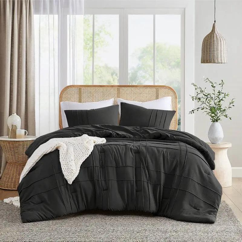 Twin/Twin XL Pre-Washed Pleated Microfiber Comforter Set in Black by HomePacific