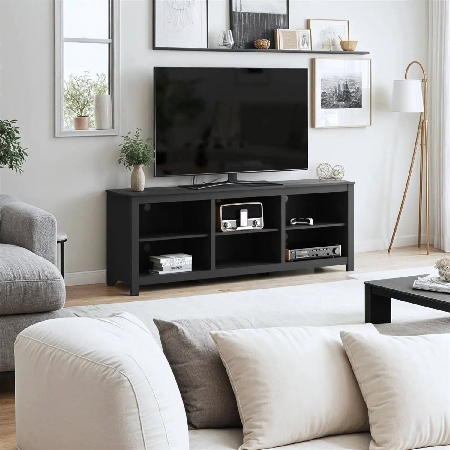 Farmhouse TV Stand in Black Wood Finish - for TVs up to 70-inch by HomePacific