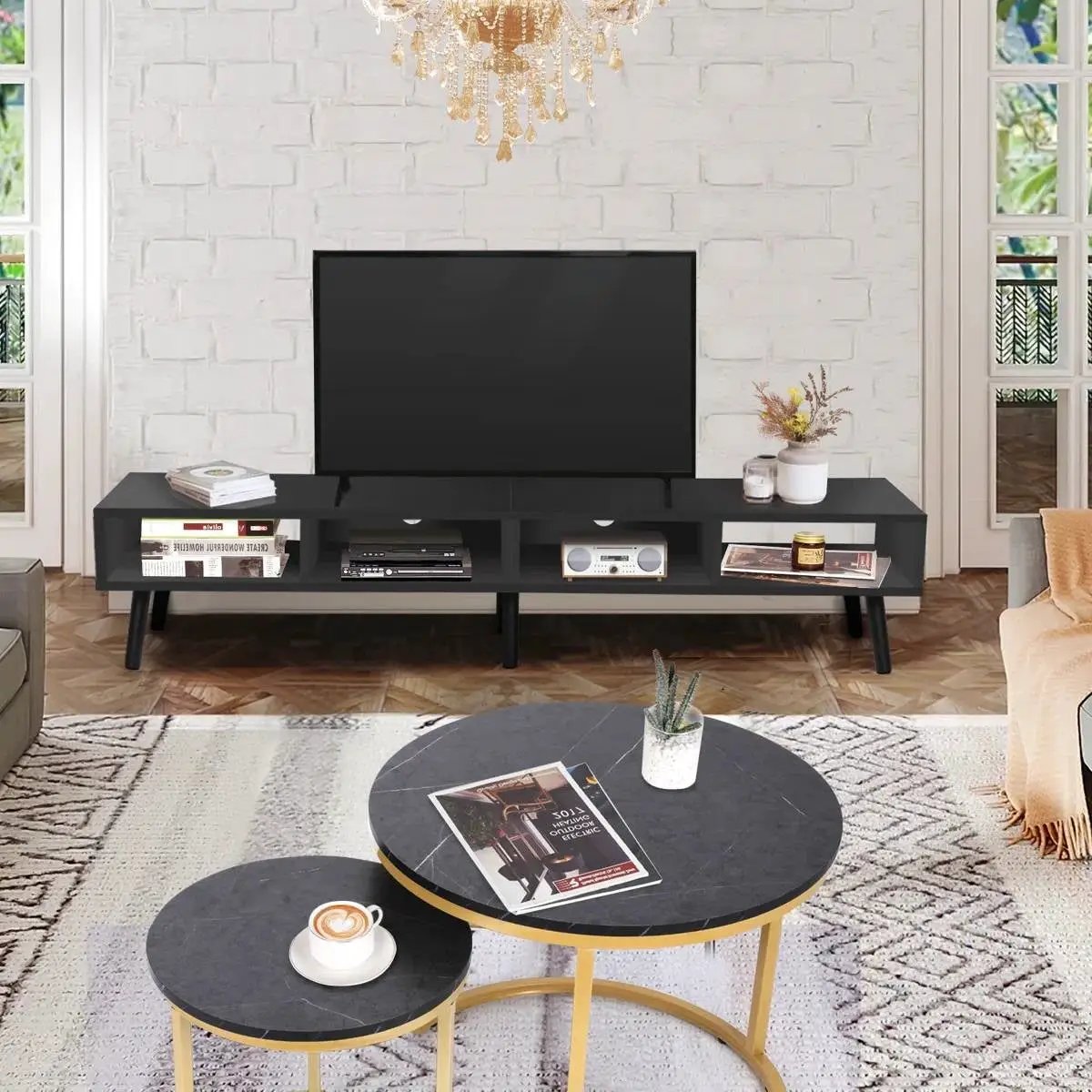Mid-Century Modern Style TV Stand in Black Wood Finish - for TVs up to 65-inch by HomePacific