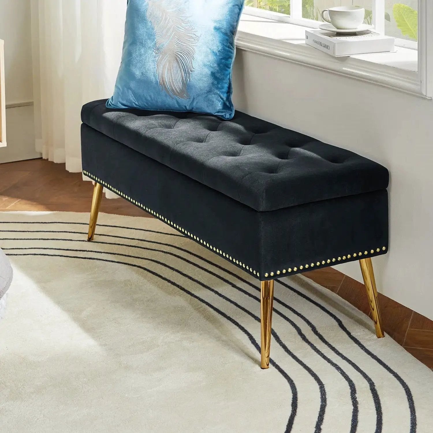 Mid-Century Modern End of Bed Storage Bench with Black Velvet Seat and Gold Legs by HomePacific