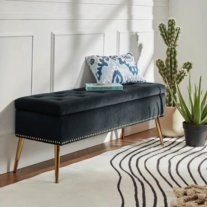 Mid-Century Modern End of Bed Storage Bench with Black Velvet Seat and Gold Legs by HomePacific