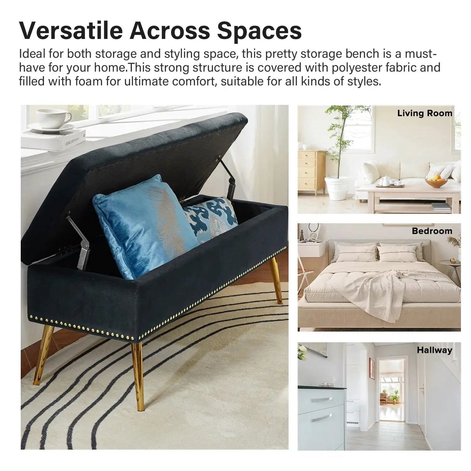 Mid-Century Modern End of Bed Storage Bench with Black Velvet Seat and Gold Legs by HomePacific
