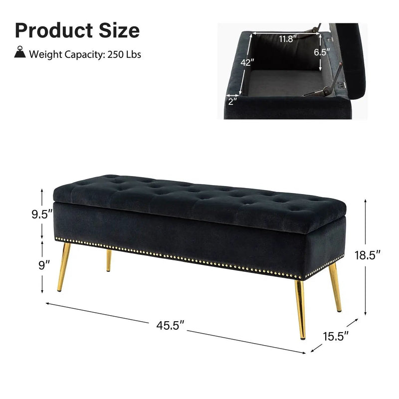Mid-Century Modern End of Bed Storage Bench with Black Velvet Seat and Gold Legs by HomePacific