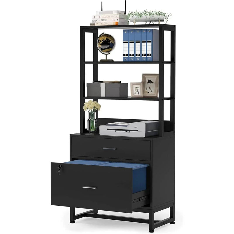 Home Office Lockable 2 Drawer Filing Cabinet Bookshelf in Black Wood Finish by HomePacific
