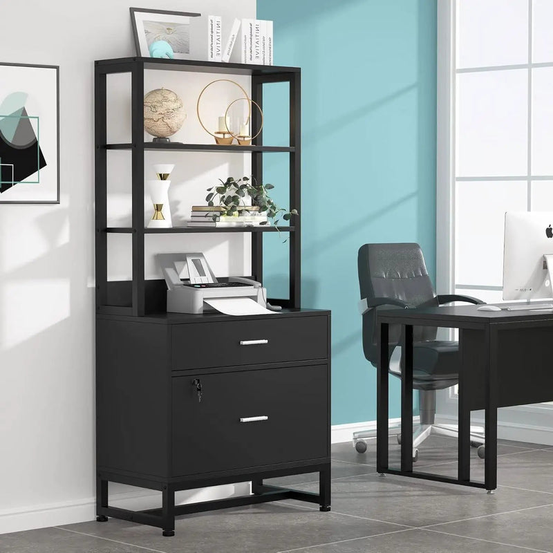 Home Office Lockable 2 Drawer Filing Cabinet Bookshelf in Black Wood Finish by HomePacific