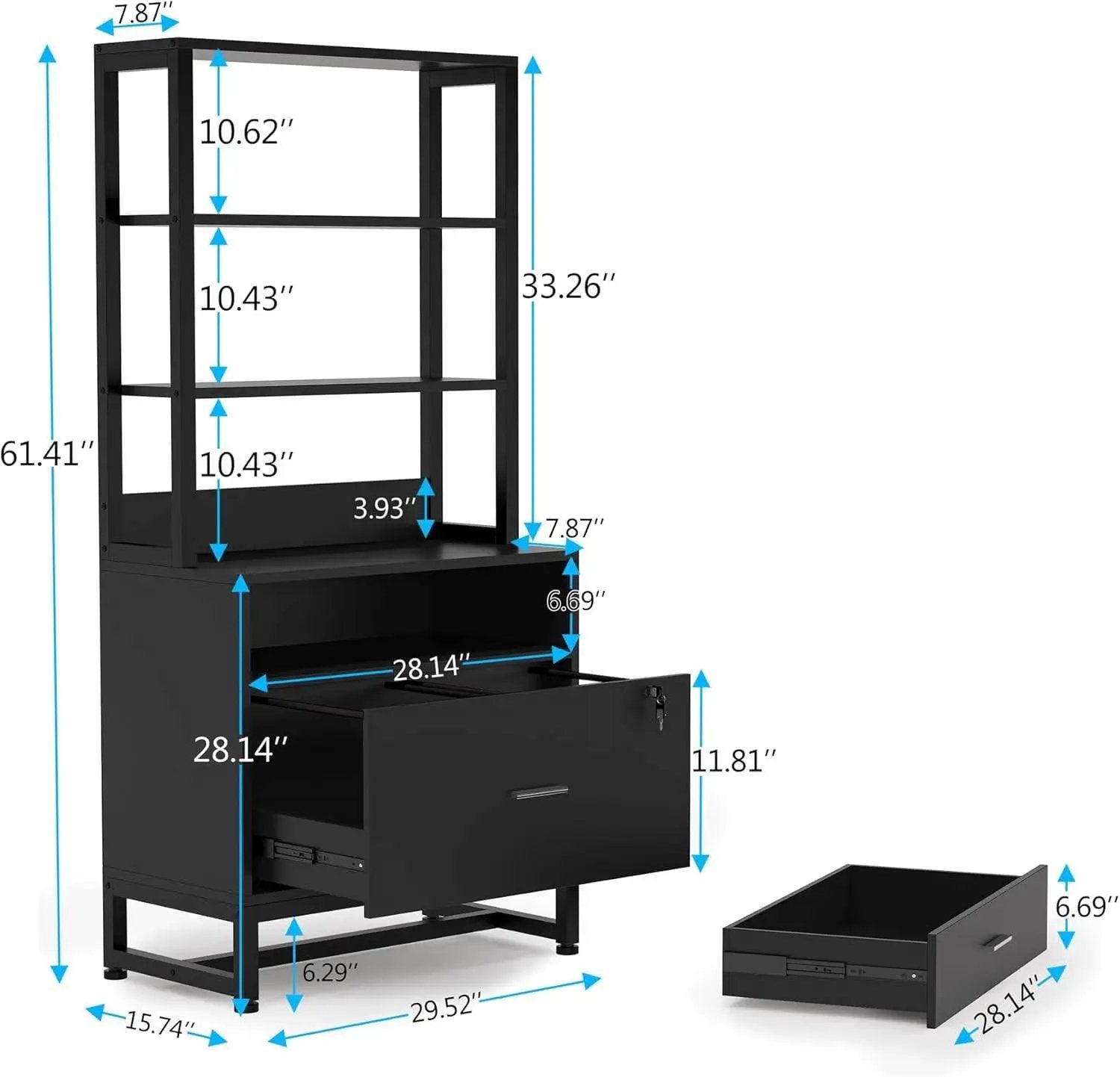 Home Office Lockable 2 Drawer Filing Cabinet Bookshelf in Black Wood Finish by HomePacific