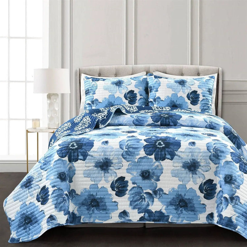 Full/Queen Blue Flowers Lightweight Polyester Microfiber Quilt Set by HomePacific