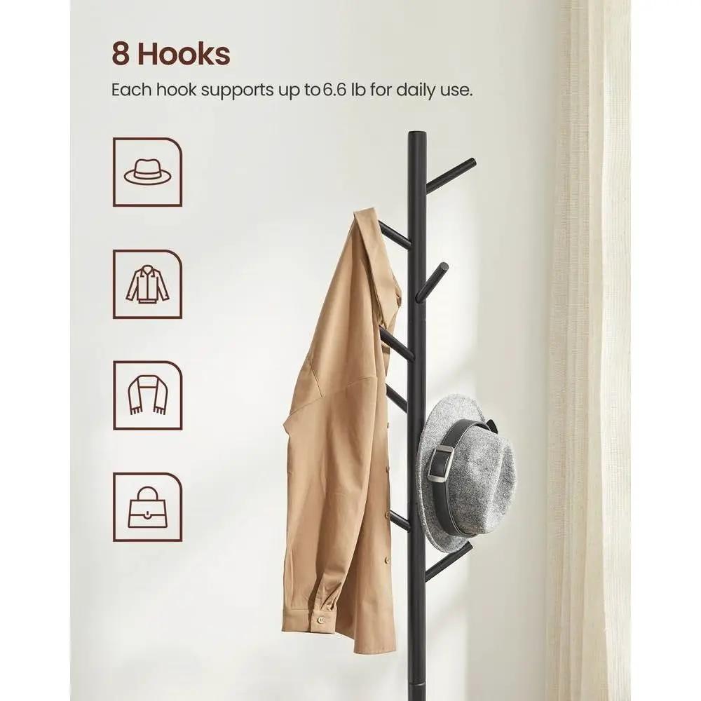 Modern Solid Wood Coat Rack in Black Finish with 8 Hanging Hooks by HomePacific