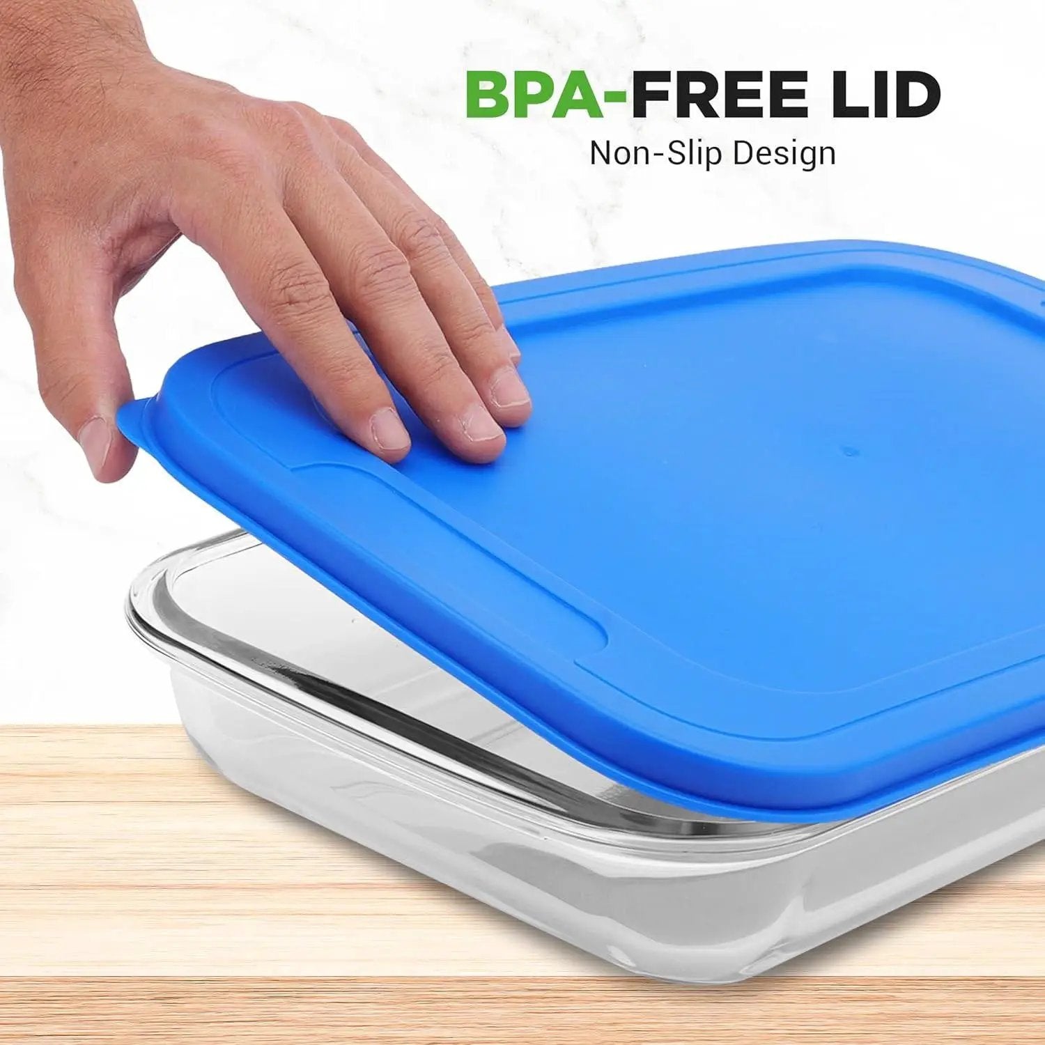 Set of 4 - Rectangular Oven Safe Glass Bakeware Set with Blue Plastic Lids by HomePacific