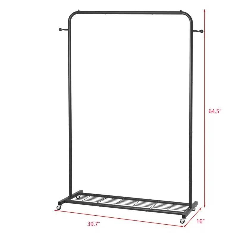 Black Modern Garment Rack Clothes Hanging Rod with Lockable Wheels by HomePacific