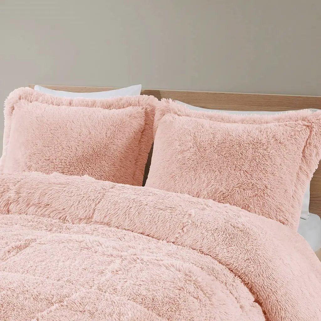 Full/Queen Pink Blush Soft Sherpa Faux Fur 3-Piece Comforter Set by HomePacific