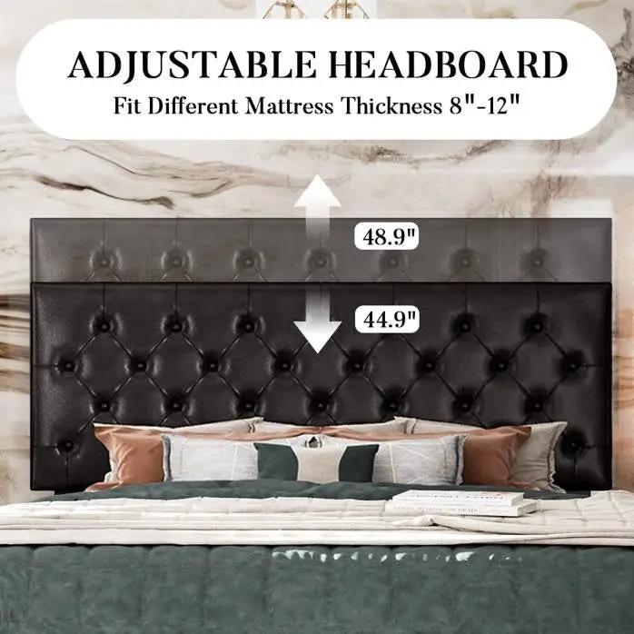 Queen Black Faux Leather Upholstered Platform Bed with Button-Tufted Headboard by HomePacific