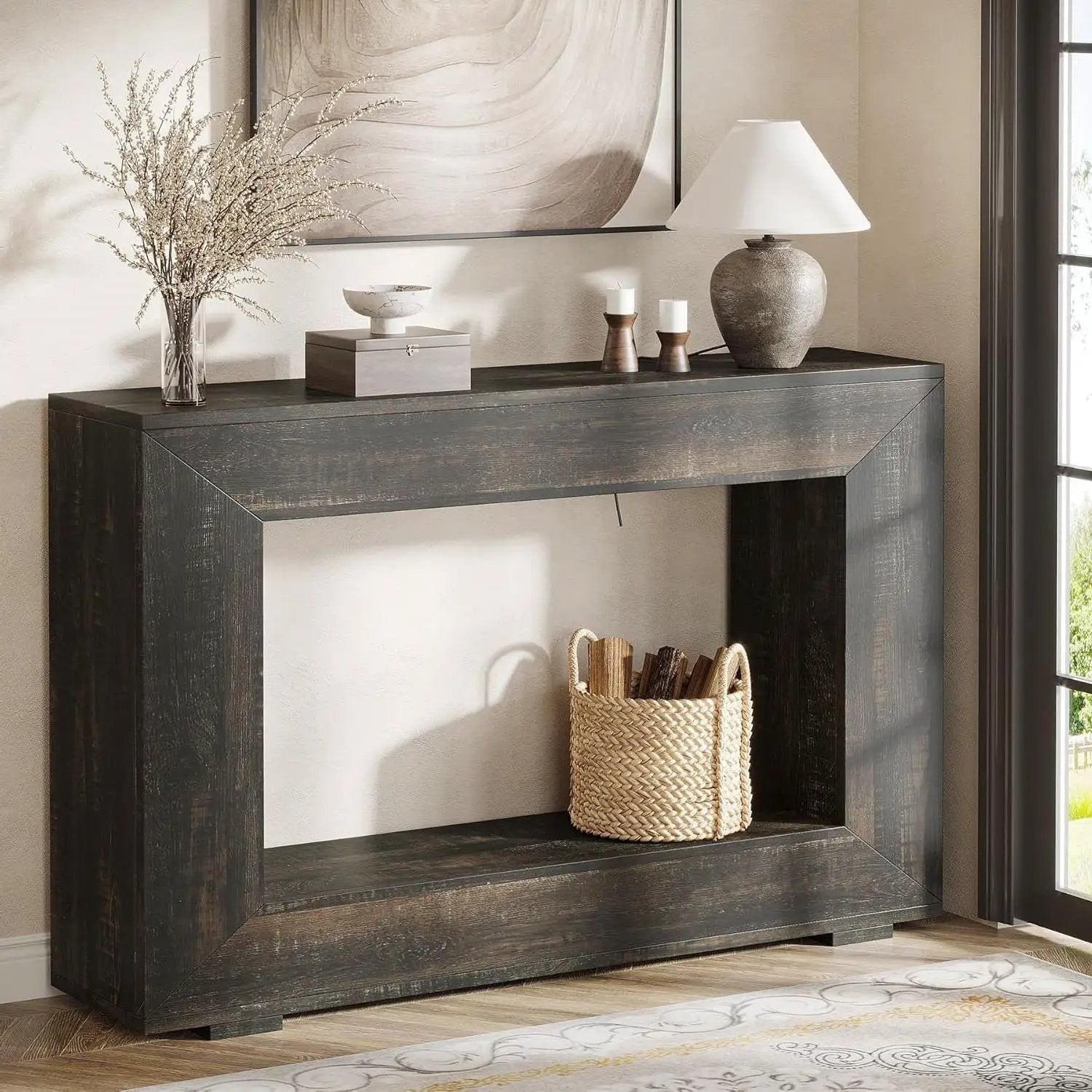 Modern Farmhouse 47-inch Long Sofa Table in Dark Grey Black Wood Finish by HomePacific