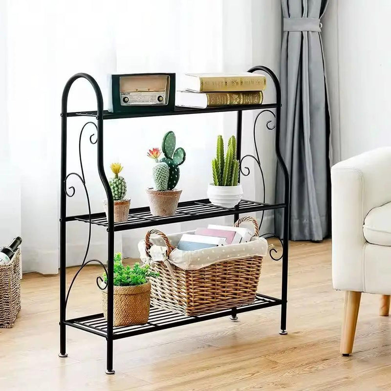 Indoor/Outdoor Black Metal 3-Tier Bookcase Plant Stand Shelving Rack by HomePacific