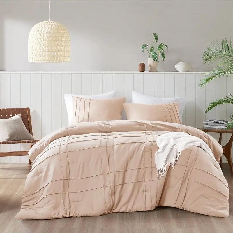 King Size Microfiber Pleated Soft Washed Comforter Set Pink Blush Color by HomePacific
