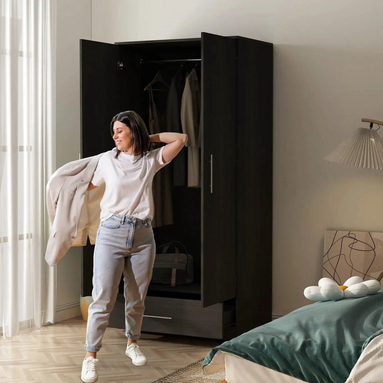 Modern Armoire Wardrobe Closet Cabinet with Storage Drawer in Black Wood Finish by HomePacific
