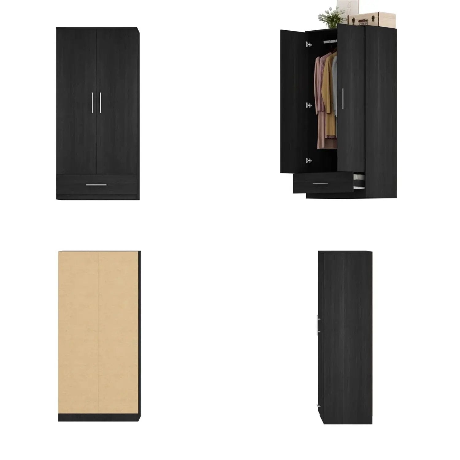 Modern Armoire Wardrobe Closet Cabinet with Storage Drawer in Black Wood Finish by HomePacific
