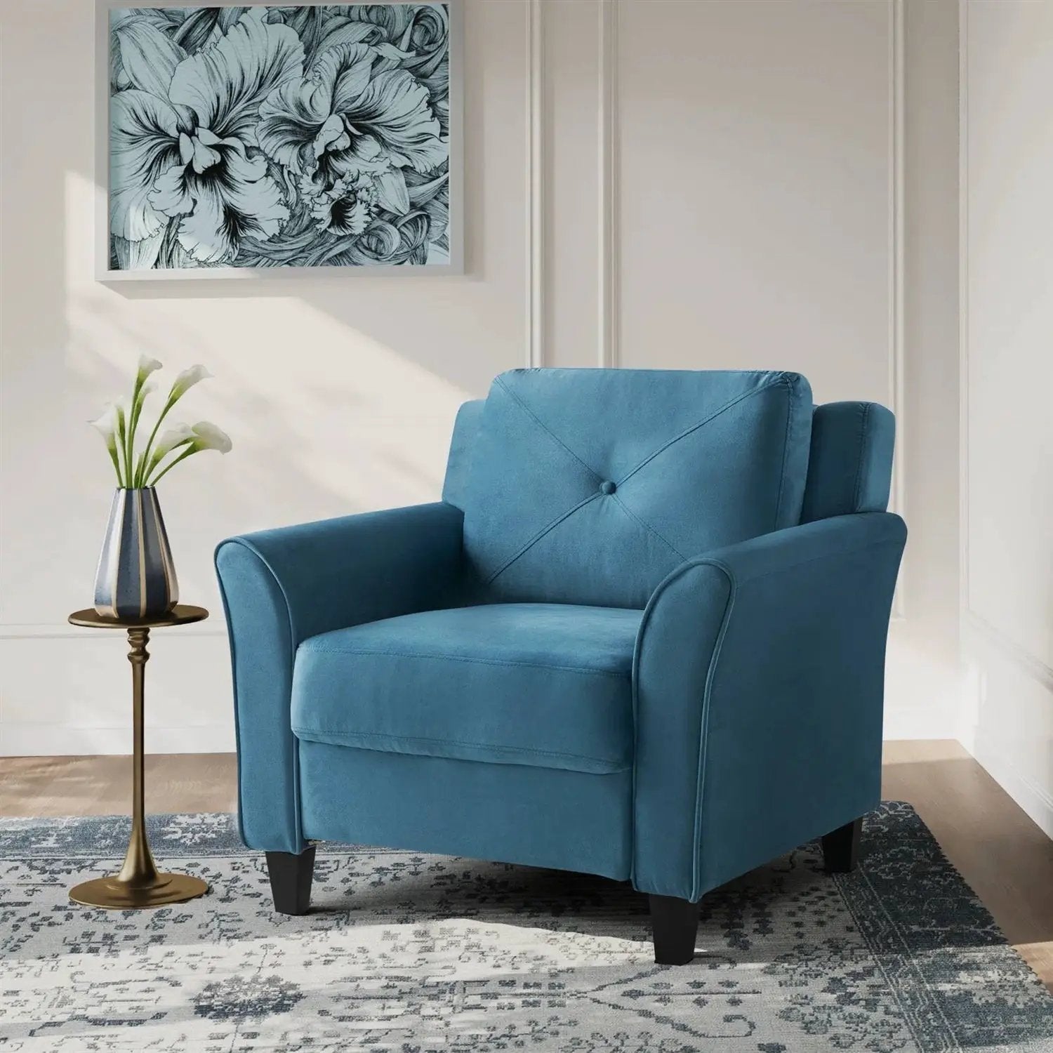 Blue Microfiber Upholstered Armchair Flared Arm Chair with Tufted Back Cushion by HomePacific