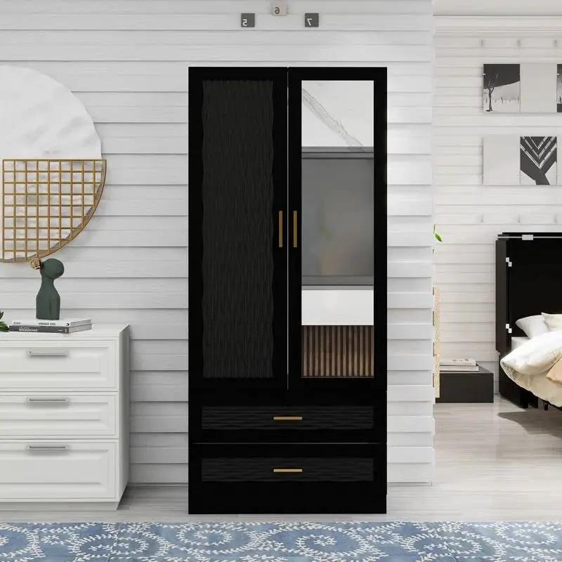 Black Wardrobe Armoire Cabinet with Mirror Hanging Rod and Storage Drawers by HomePacific
