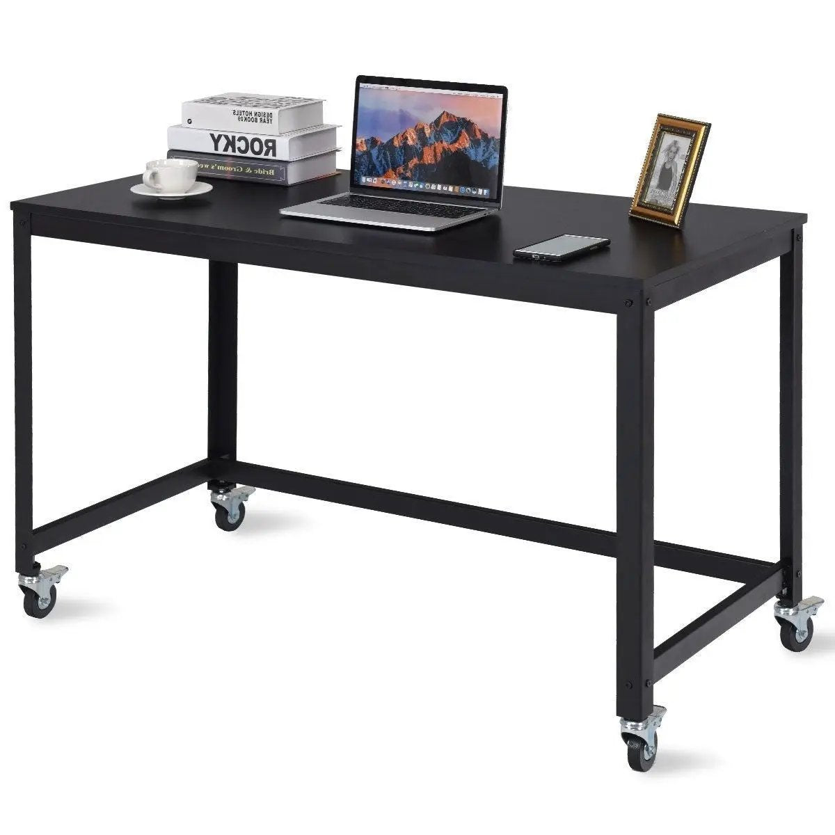 Mobile Steel Frame Laptop Computer Desk with Black Wood Top and Locking Casters by HomePacific