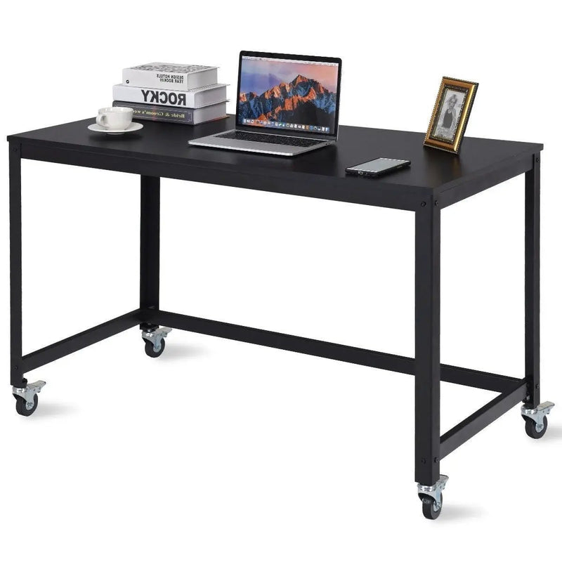 Mobile Steel Frame Laptop Computer Desk with Black Wood Top and Locking Casters by HomePacific