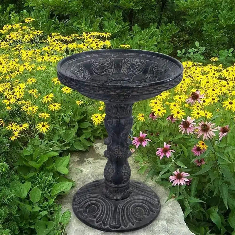 Outdoor Garden Fiberglass Bird Bath in Black Charcoal Stone Finish by HomePacific