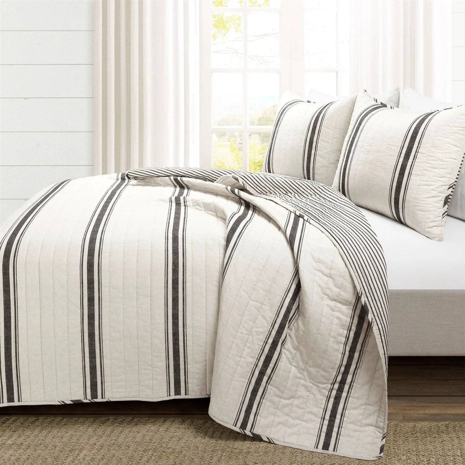 Twin/Twin XL Black Off-White Cream Stripe Reversible Cotton 2 Piece Quilt Set by HomePacific