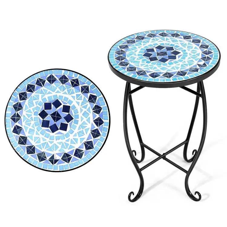 Indoor/Outdoor Blue Mosaic Round Side Accent Table Plant Stand by HomePacific