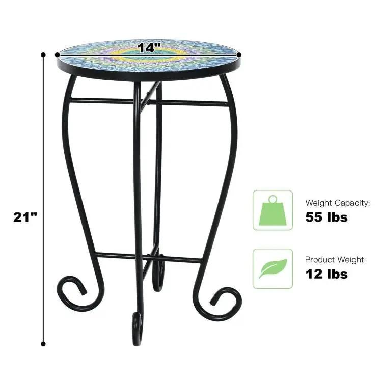 Indoor/Outdoor Blue Mosaic Round Side Accent Table Plant Stand by HomePacific
