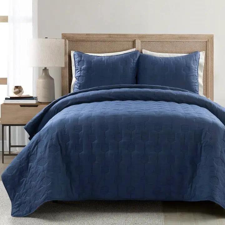 King/California King size Lightweight Blue Textured Cotton 3 Piece Quilt Set by HomePacific