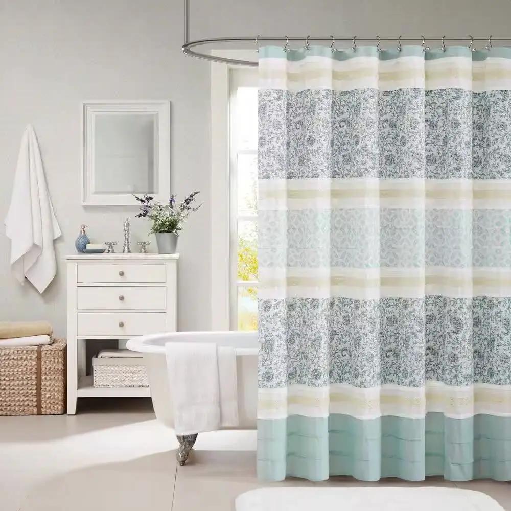 72 x 72-in Cotton Shower Curtain with Teal Blue Grey Cream White Paisley Pattern by HomePacific