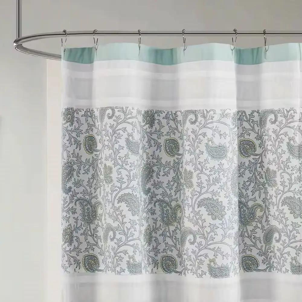 72 x 72-in Cotton Shower Curtain with Teal Blue Grey Cream White Paisley Pattern by HomePacific