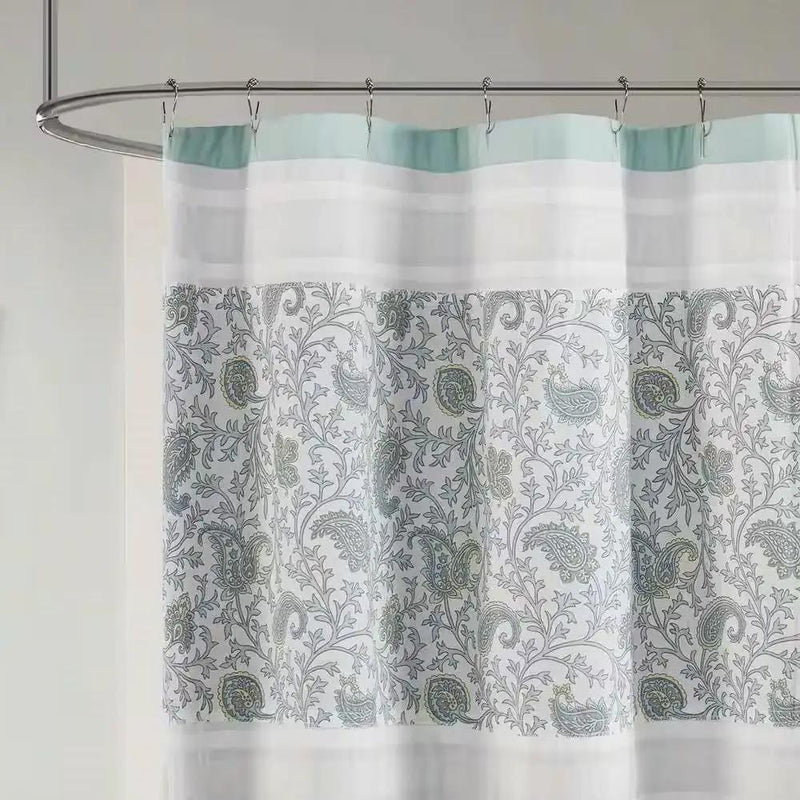 72 x 72-in Cotton Shower Curtain with Teal Blue Grey Cream White Paisley Pattern by HomePacific