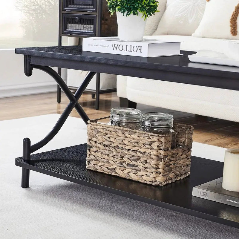 Modern Industrial Black Metal Wood Coffee Table with Bottom Storage Shelf by HomePacific