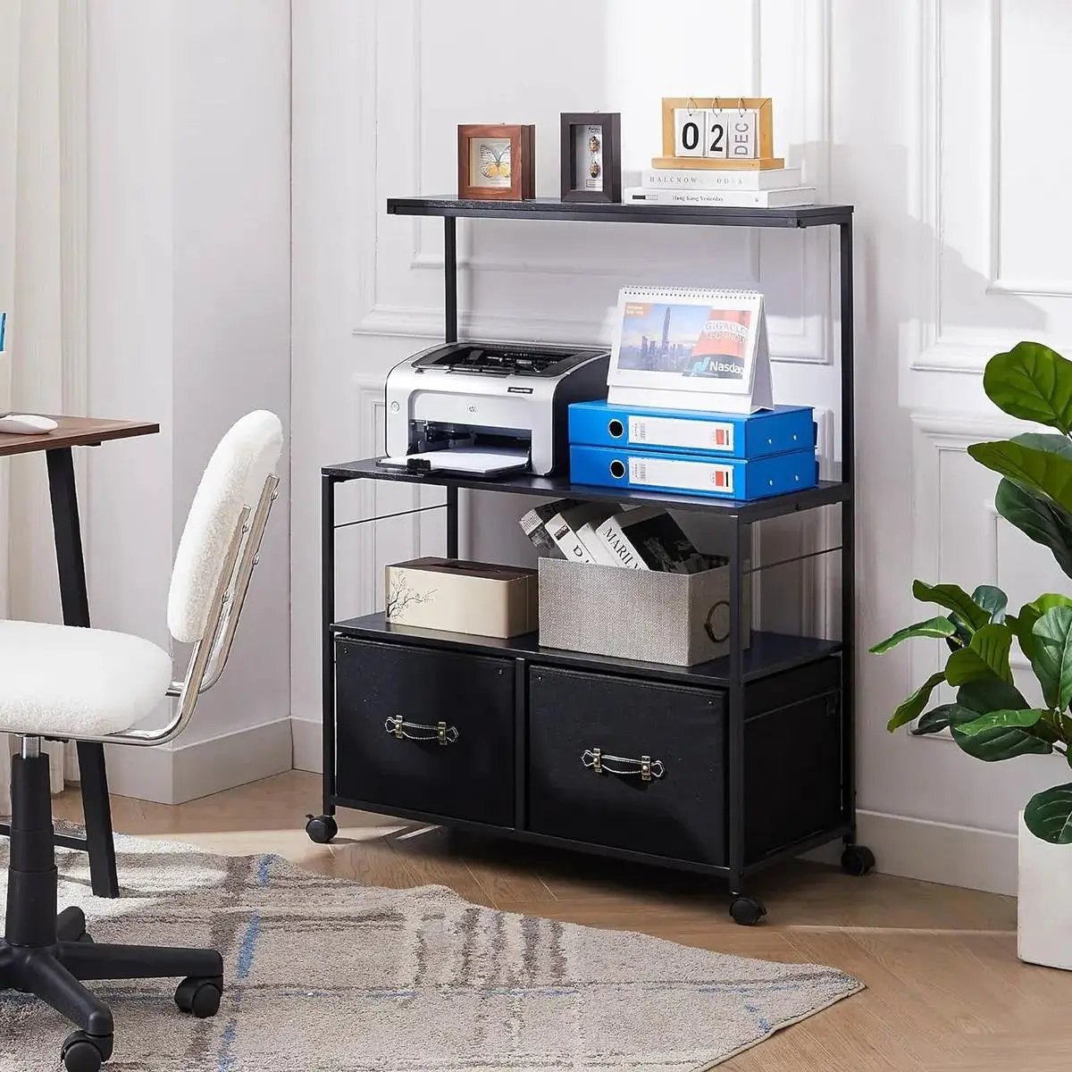 Industrial Modern Black Metal Wood Printer Stand File Cabinet w/ Fabric Drawers by HomePacific