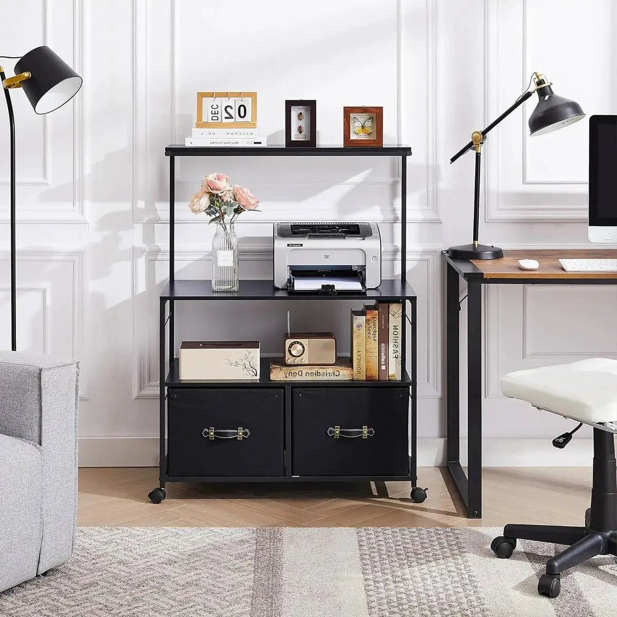 Industrial Modern Black Metal Wood Printer Stand File Cabinet w/ Fabric Drawers by HomePacific