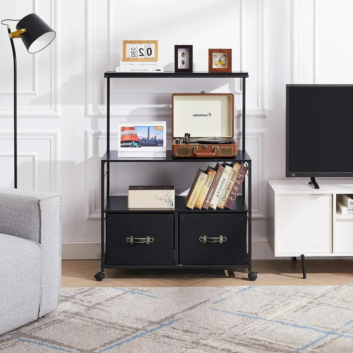 Industrial Modern Black Metal Wood Printer Stand File Cabinet w/ Fabric Drawers by HomePacific