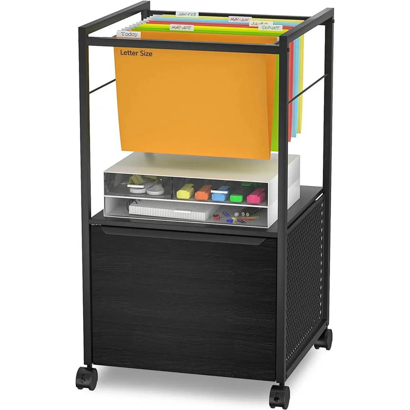 Black Metal Wood Rolling File Cabinet with Open File Hanging Bar by HomePacific