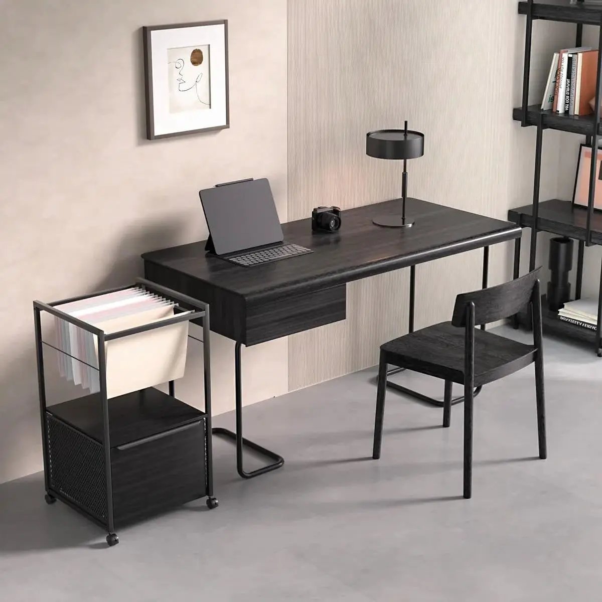 Black Metal Wood Rolling File Cabinet with Open File Hanging Bar by HomePacific