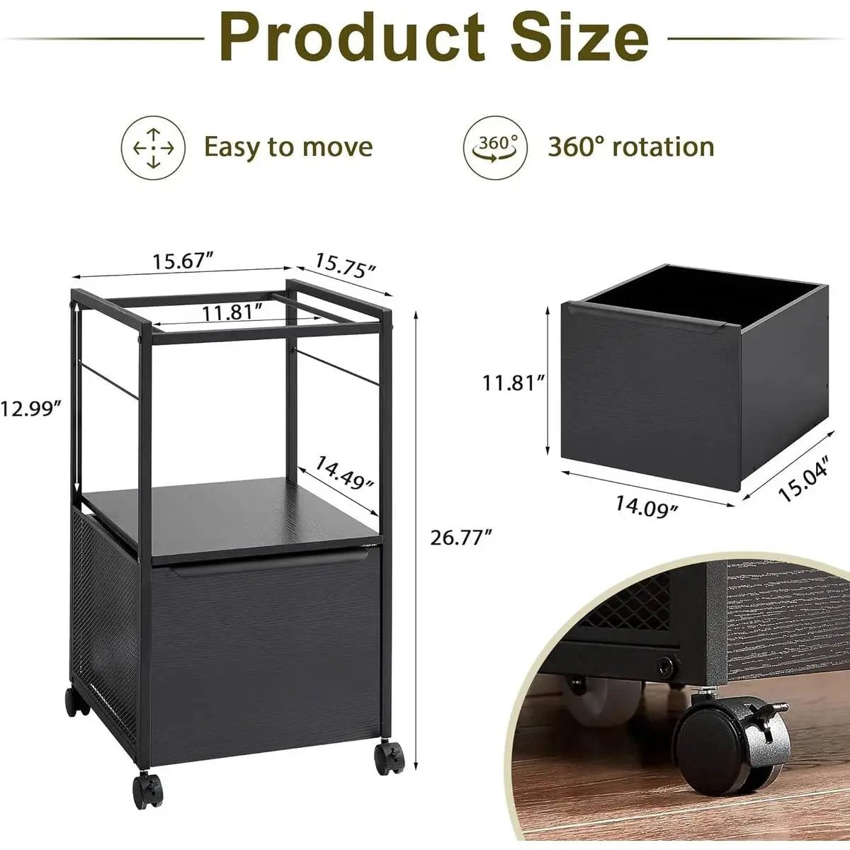 Black Metal Wood Rolling File Cabinet with Open File Hanging Bar by HomePacific