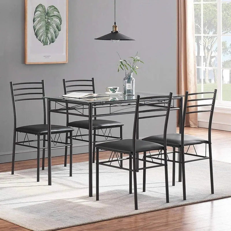 Black 5-Piece Dining Set with Rectangular Glass-Top Table and 4 Chairs by HomePacific
