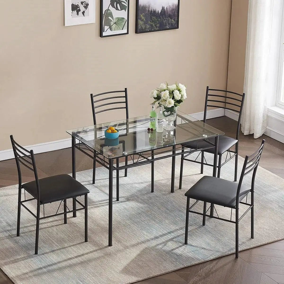 Black 5-Piece Dining Set with Rectangular Glass-Top Table and 4 Chairs by HomePacific