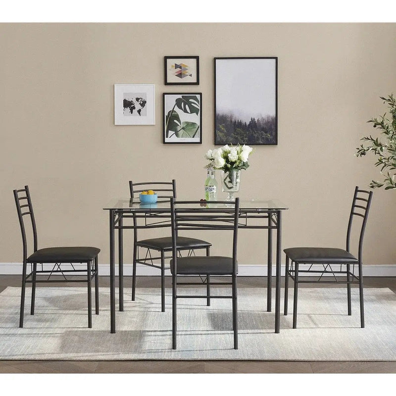 Black 5-Piece Dining Set with Rectangular Glass-Top Table and 4 Chairs by HomePacific