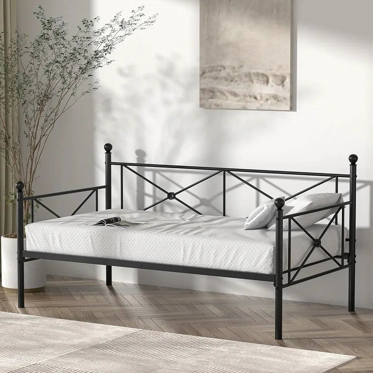 Twin size Classic Heavy Duty Metal Day Bed Frame in Black Finish by HomePacific