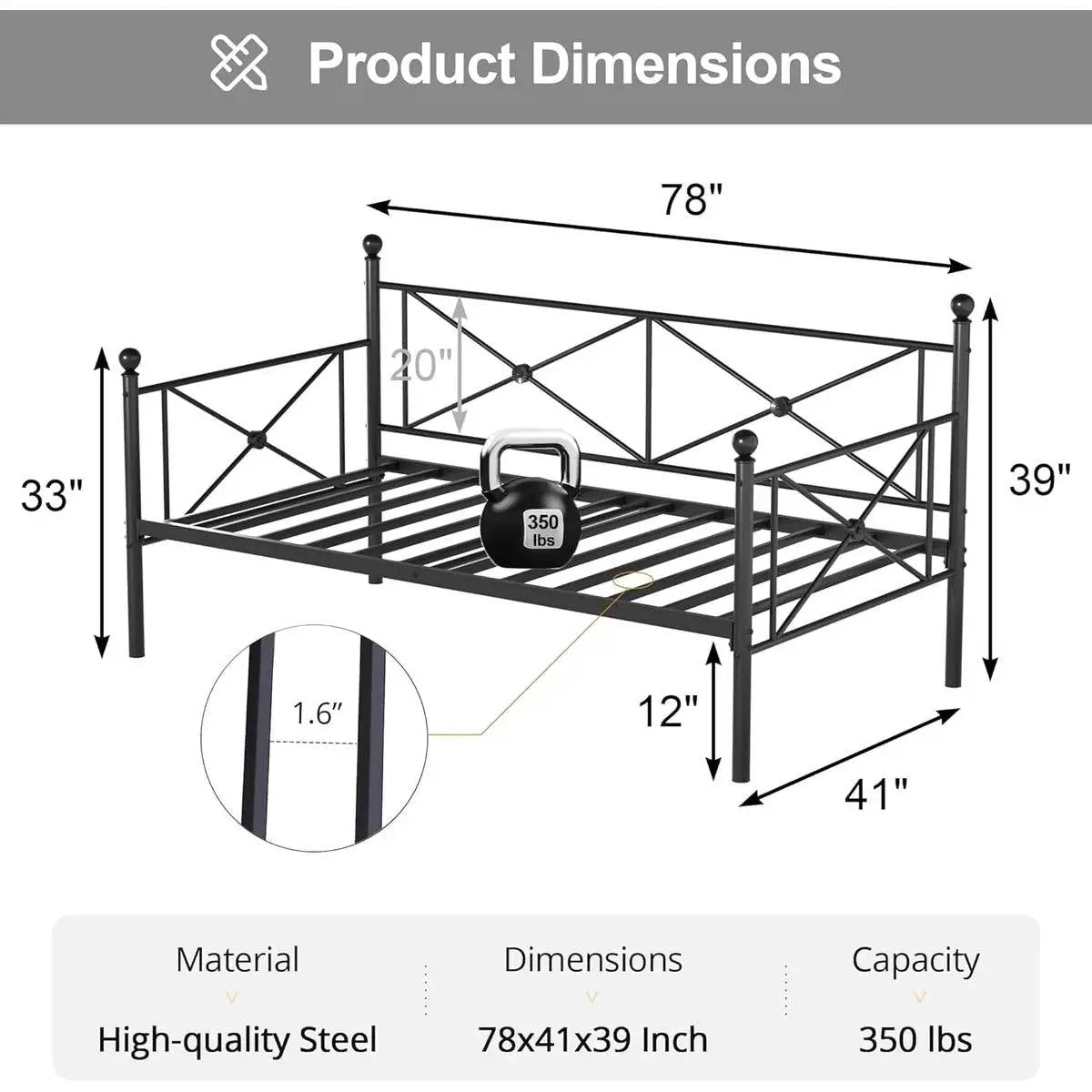 Twin size Classic Heavy Duty Metal Day Bed Frame in Black Finish by HomePacific