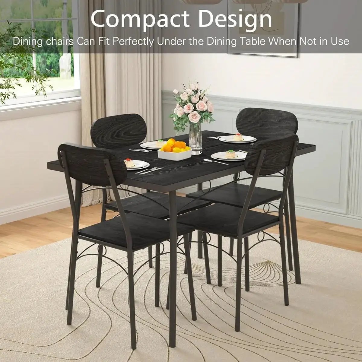 Modern 5-Piece Dining Set with Black Wood-Top Table and 4 Chairs by HomePacific