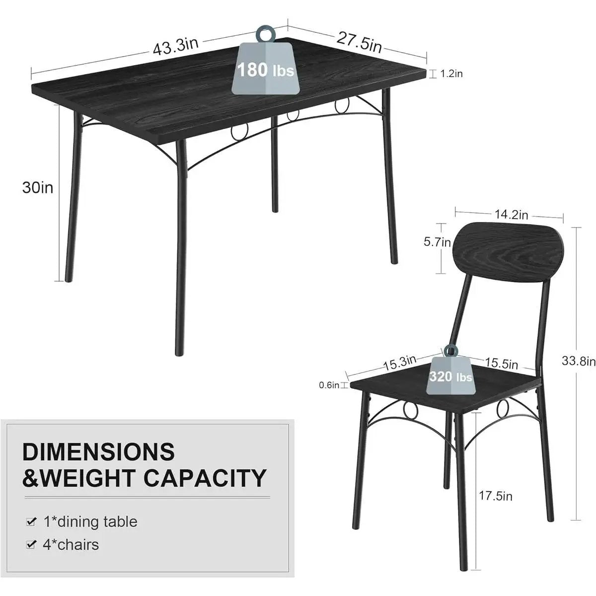 Modern 5-Piece Dining Set with Black Wood-Top Table and 4 Chairs by HomePacific